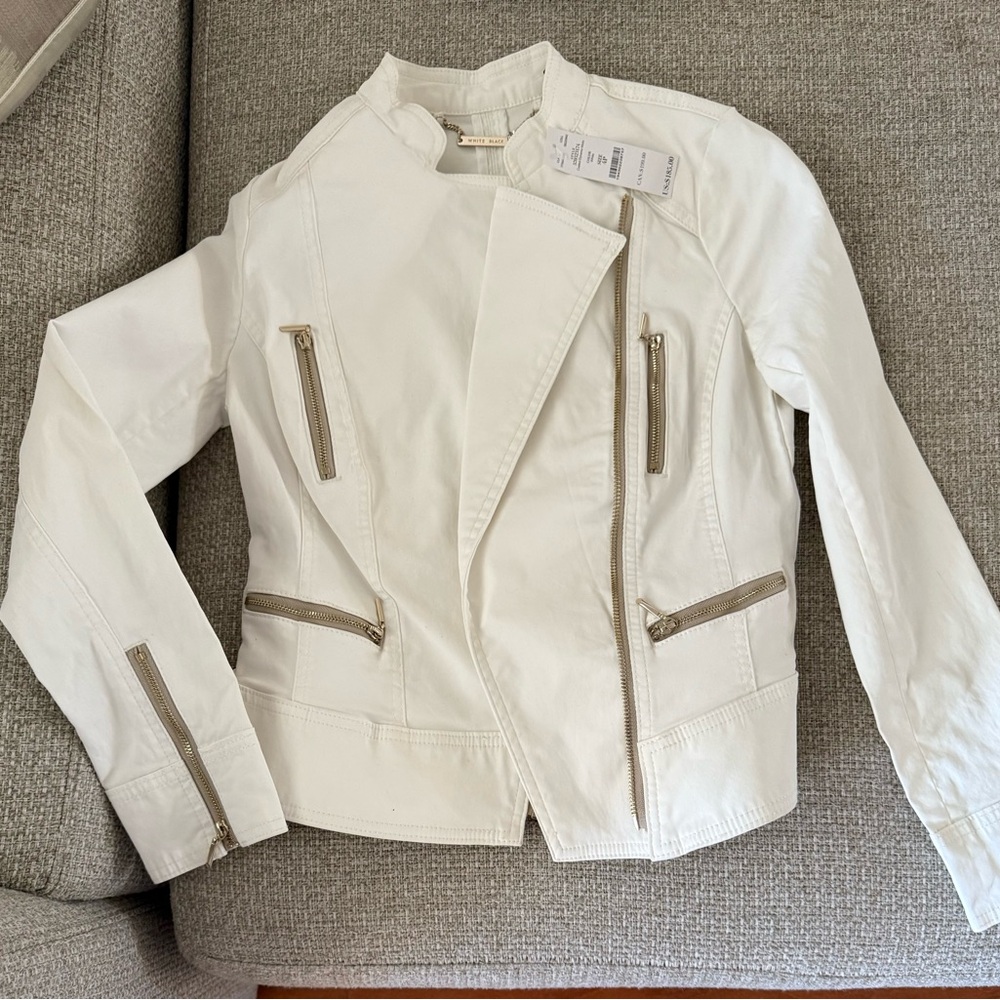 White House Black Market White Leather Jacket with Asymmetrical Zipper